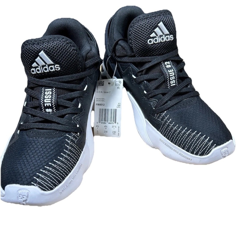 adidas Kids D.O.N. Issue 2 Basketball Performance Cushion FW8512 Black Kids Sz 5